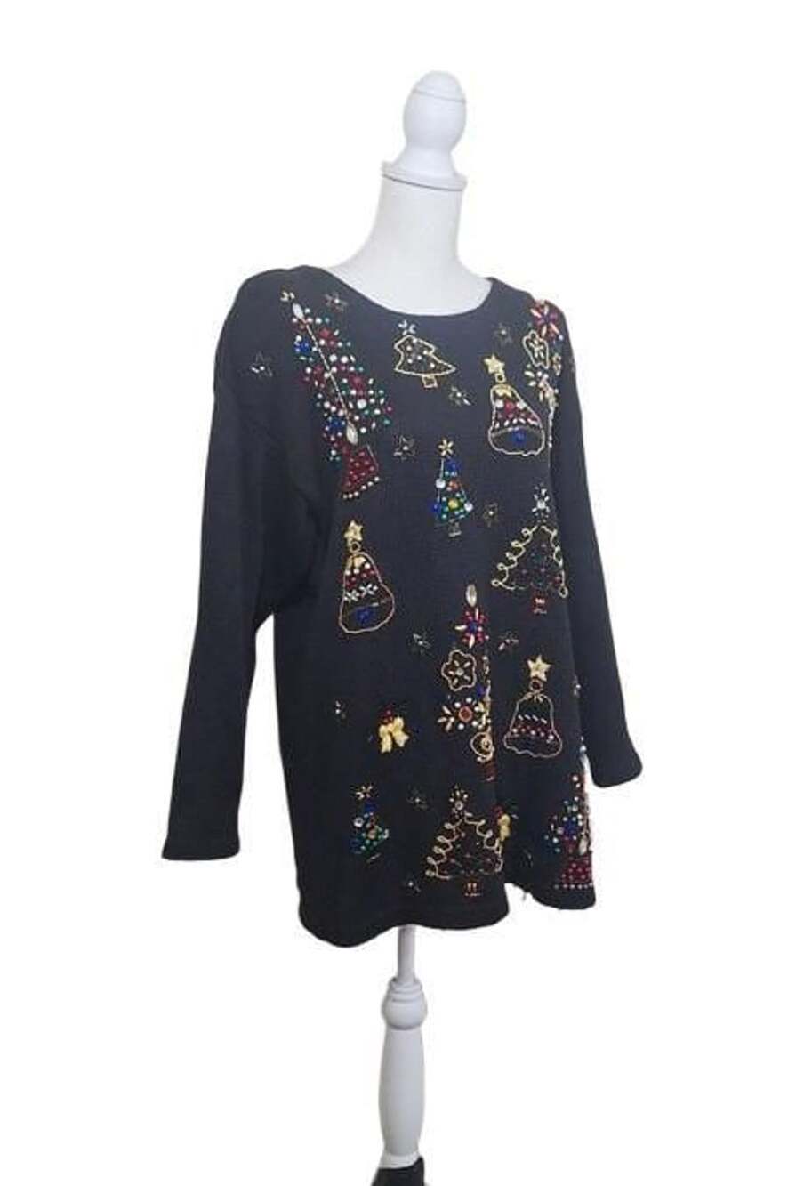 Victoria Jones Black Beaded Embroidered Christmas Holiday Sweater